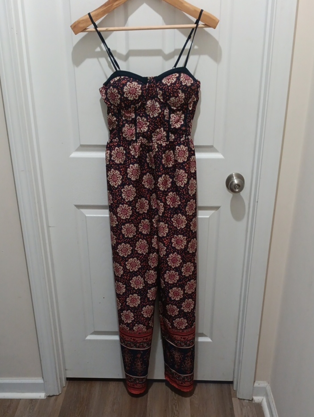 Band of Gypsies Navy and Maroon Floral Strap Jumpsuit